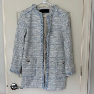 Blue white textured tweed like blazer jacket